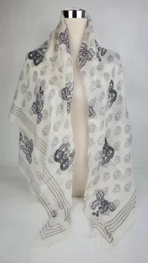 Alexander McQueen White Modal Skull/Crystal Ribbon Bow Print Scarf