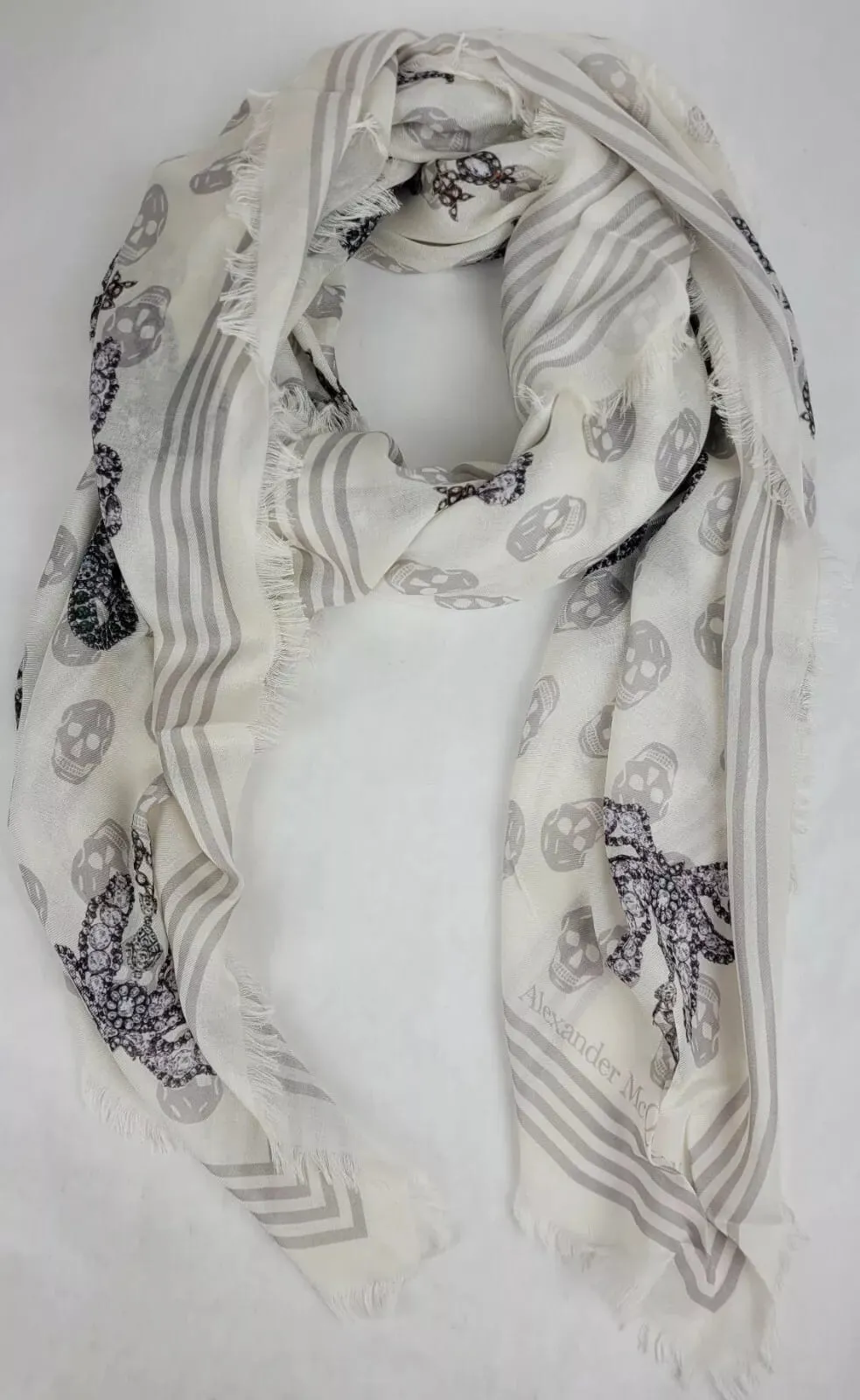 Alexander McQueen White Modal Skull/Crystal Ribbon Bow Print Scarf