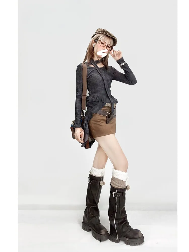 Black Asymmetrical Flounce Hem Top with a Scarf