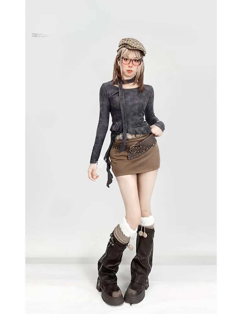 Black Asymmetrical Flounce Hem Top with a Scarf