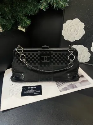 Chanel Black Velvet Frog Mouth Handbag Medium