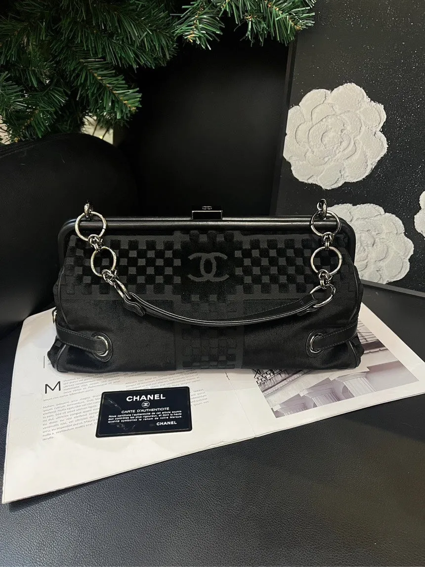 Chanel Black Velvet Frog Mouth Handbag Medium