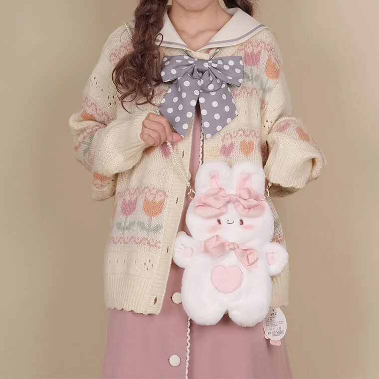 Fluffy Rabbit Crossbody Bag with Pearl Chain
