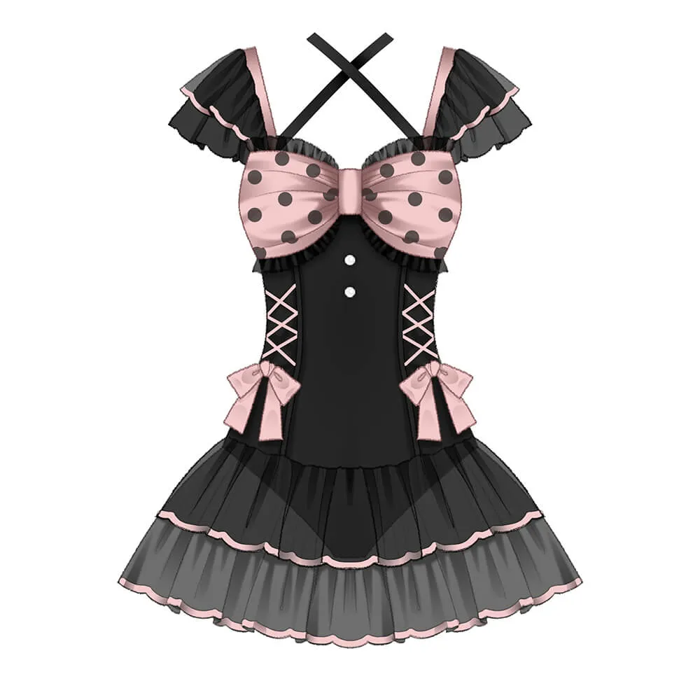 Polka Dot Bow Black Pink One-piece Swimsuit