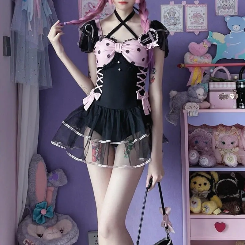 Polka Dot Bow Black Pink One-piece Swimsuit