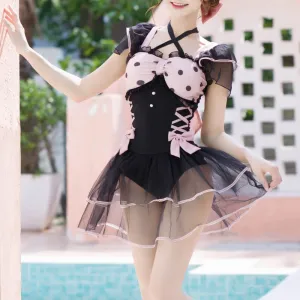 Polka Dot Bow Black Pink One-piece Swimsuit