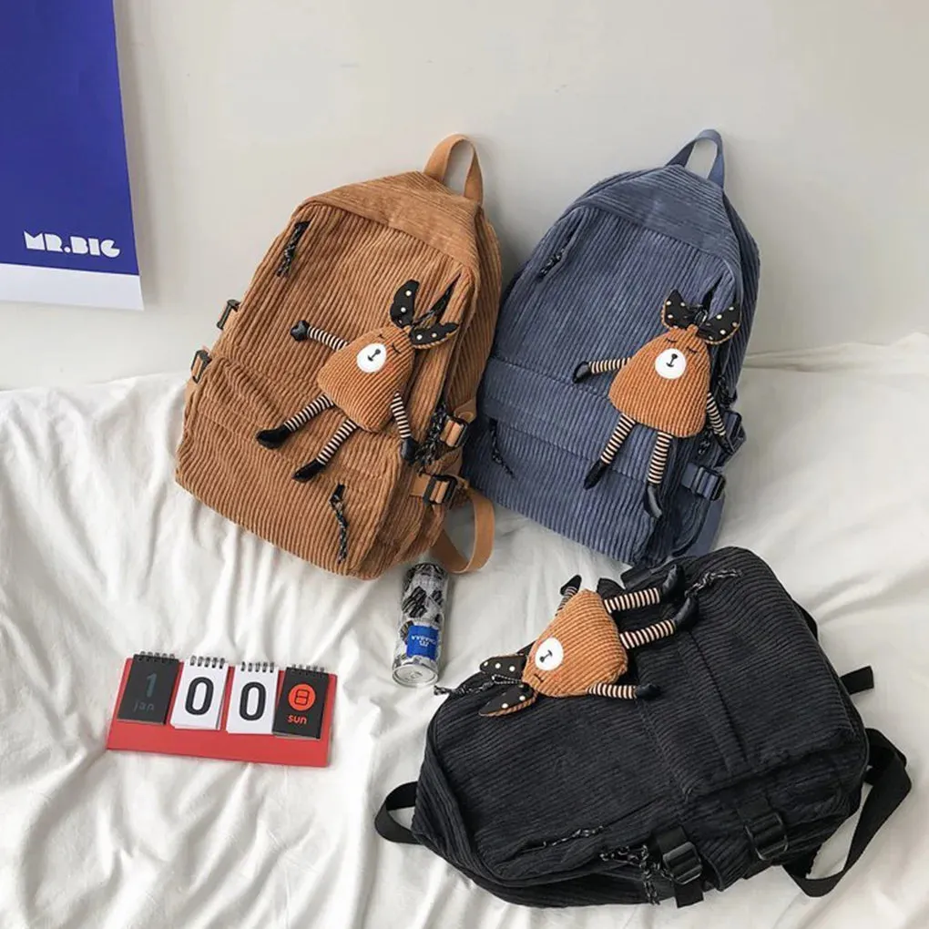 Uakiss Girl Backpack Student Pouch Shoulders Bag Fine Workmanship Corduroy School Purse Ins Style Winter Autumn Sweet Gift